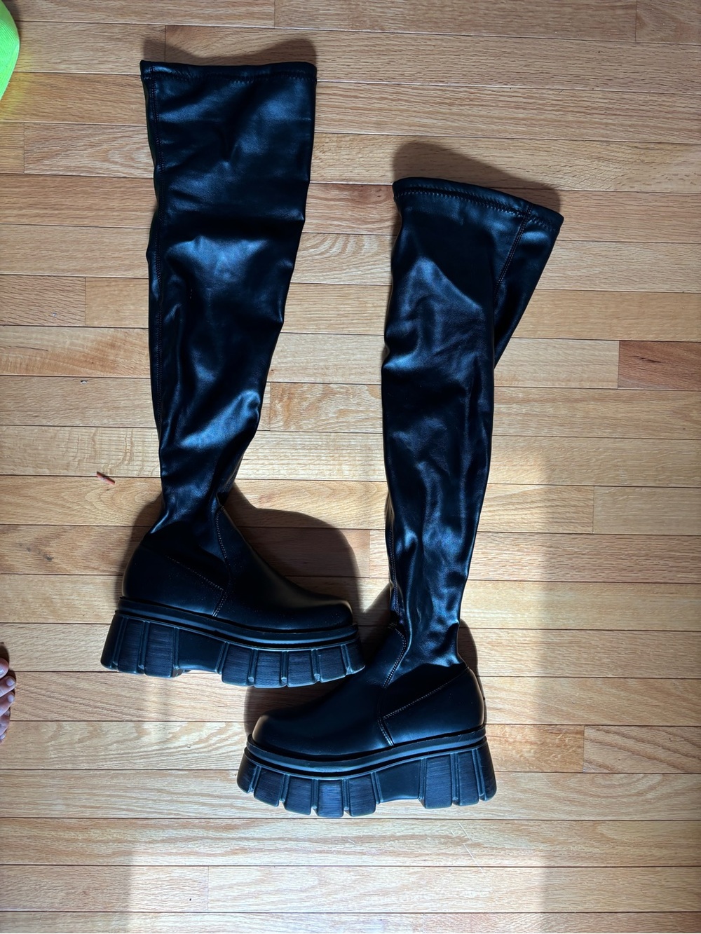 Platform lug chunky sole thigh high faux leather stretch boots black